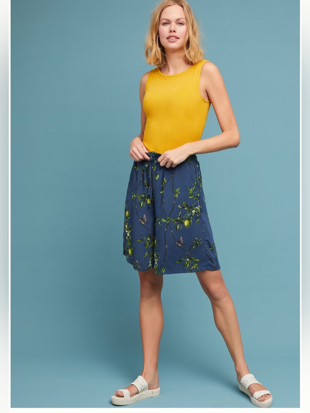 Anthropologie Lemon Bird Bermuda shorts in blue drawstring adjustable waist EUC